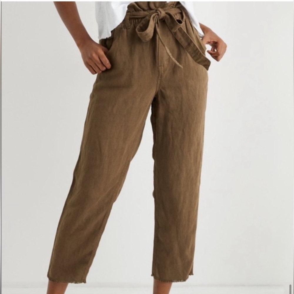 aerie Olive Brown Paperbag Ruffled Waist Lightweight Linen Blend Pants